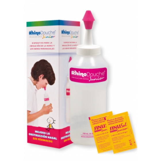 Rhinodouche Junior Sistema de lavagem nasal Garrafa + Sais de irrigação 5 Saqueta(s)