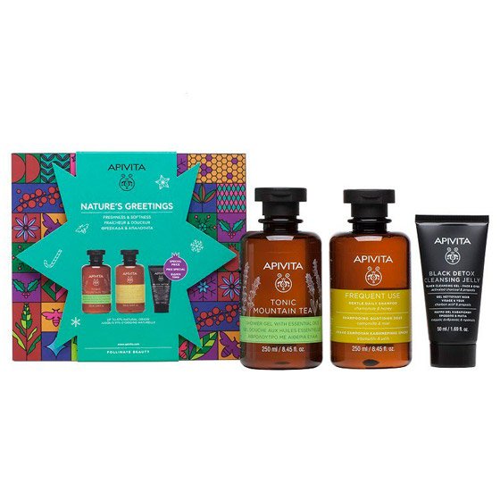 Apivita Natures Greetings Tonic Mountain Tea Gel de banho 50 ml + Champô uso frequente 250 ml + Gel de limpeza preto 50 ml com Preço especial Natal 2020