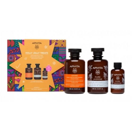 Apivita Holly Jolly Treats Shine Champô brilho & revitalidade 250 ml +  Pure Jasmine Gel banho 250 ml + Leite corporal 75 ml com Preço especial Natal 2020