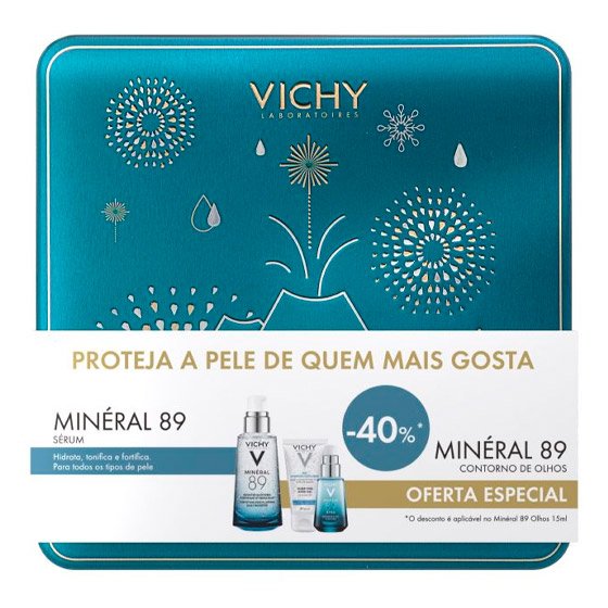 Vichy Minéral 89 Concentrado fortificante rosto 50 ml + Gel hidroalcoólico 50 ml + Minéral 89 Eyes Sérum contorno de olhos 15 ml com Desconto 40% na 3ª Emabalagem