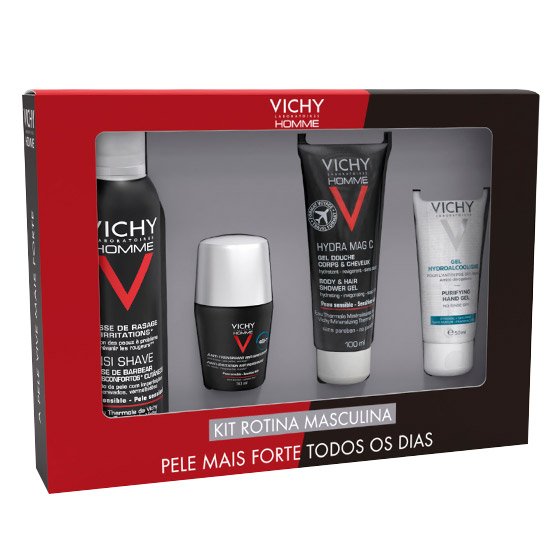 Vichy Homme Kit Rotina Masculina Sensi Shave Mousse 200 ml + Antitranspirante controlo extremo 72h 50 ml + Hydra Mag C Gel duche 100 ml + Gel hidroalcoólico 50 ml